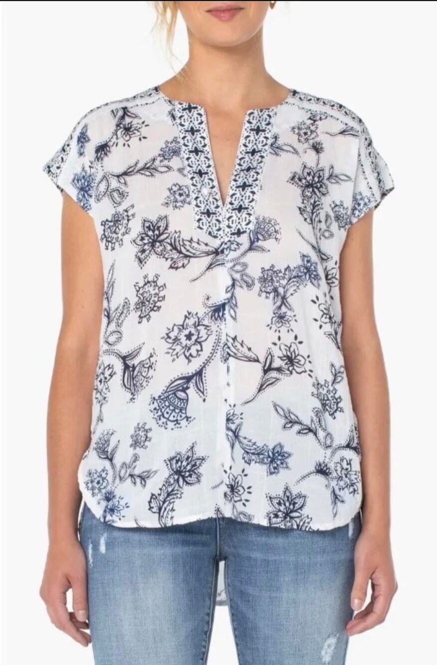 Liverpool Los Angeles Large Navy/White Batik Floral Airy Split Neck Top Blouse